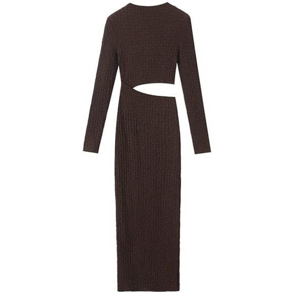 Zara Brown Textured Ruched Maxi Midi Long Sleeve High Neck Stretch Cut Out Dress - Picture 8 of 11